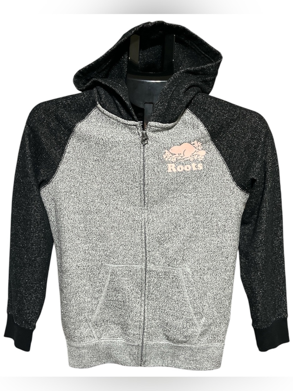Roots Kids Original Full Zip Hoodie in Grey-Salt-Pepper with a pink beaver logo
